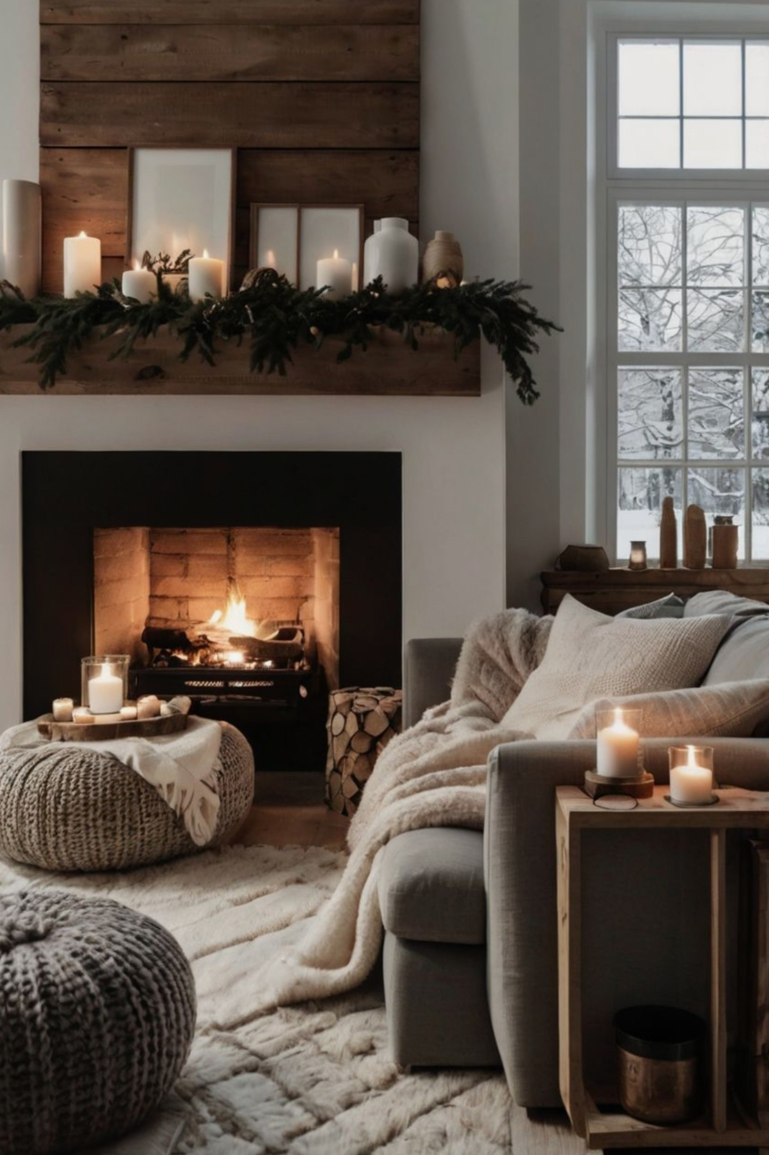Luceria warm and oriental collection styled with cozy earthy tones in living room with fireplace.