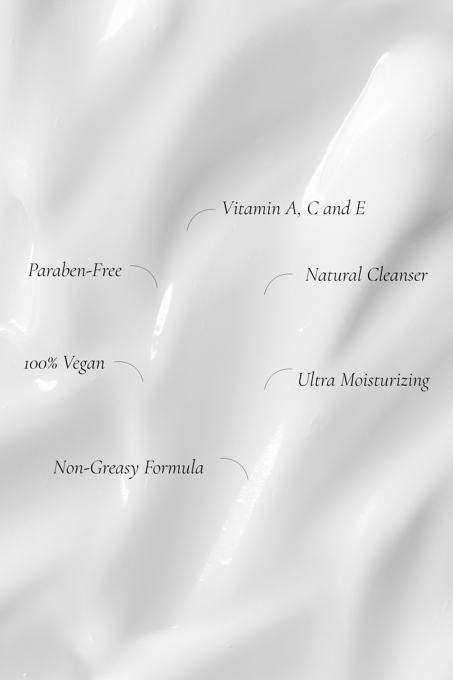 Silky white lotion with text highlighting product ingredients on a light gray background for lotion