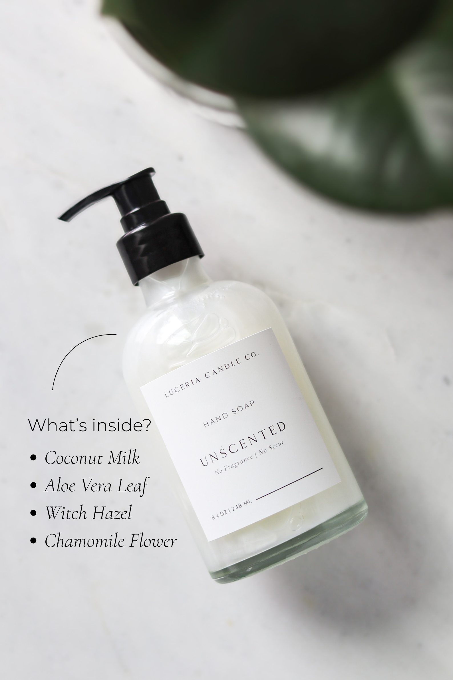 Hand soap bottle with label on a marble surface, featuring a plant in the background.