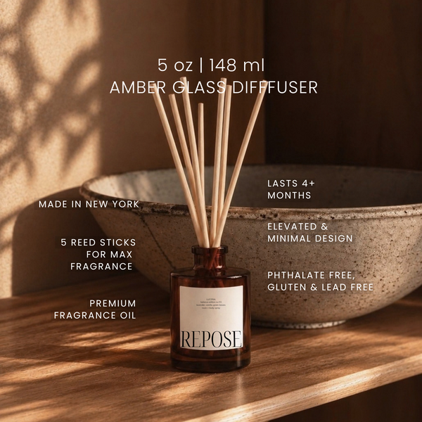 A REPOSE amber glass reed diffuser bottle by Luceria with wooden reeds stands on a wooden surface in warm natural light, with a ceramic bowl behind it and text overlays describing the product features.