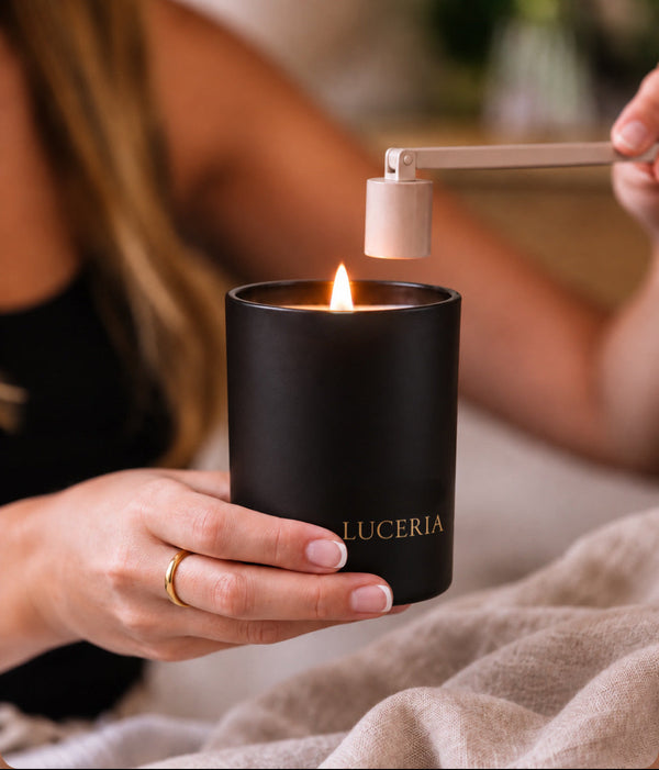 A person holds a black matte candle jar with the brand name LUCERIA in gold lettering, while another hand uses a wooden lighter to ignite the candle. The scene is set in a cozy, softly blurred indoor environment with neutral-toned blankets.