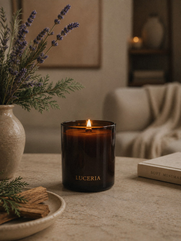 Luceria Lavender and Cedar candle in a amber glass vessel with a natural wood wick, styled in a calm neutral setting inspired by fresh linen and cedar.