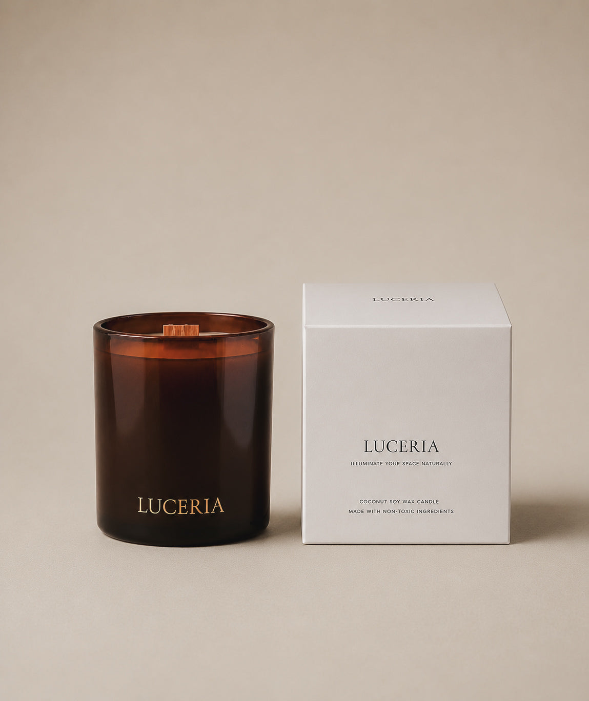 Luceria Candle Co coconut soy wax candle with wood wick subscription candle with branded box. 