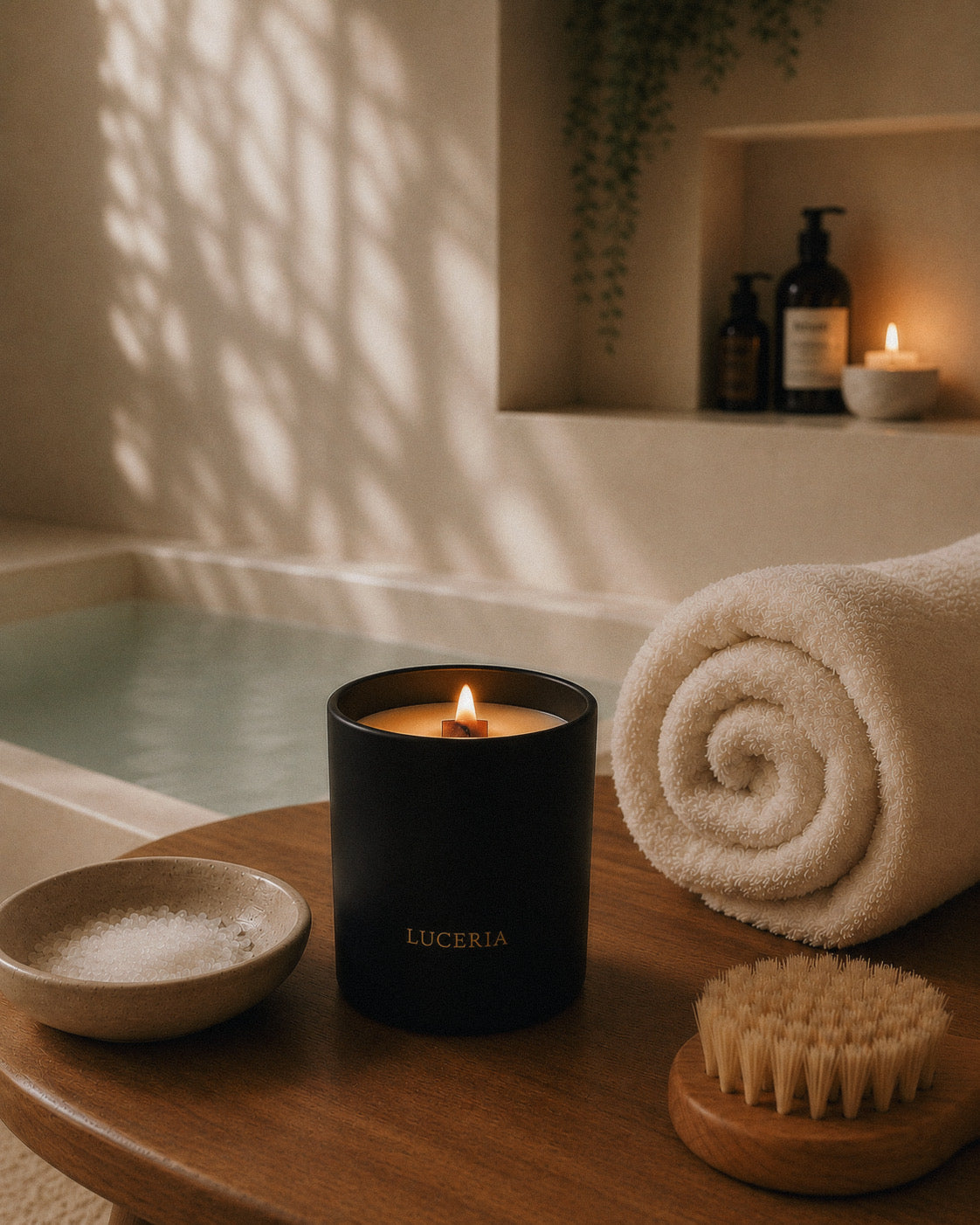 Terra candle by Luceria, A black matte candle jar with the brand name LUCERIA in gold lettering sits on a wooden table in a spa-like setting. The scene includes a rolled cream towel, a small bowl of salts, a wooden brush, and a bathtub in the background with warm sunlight and shadows.