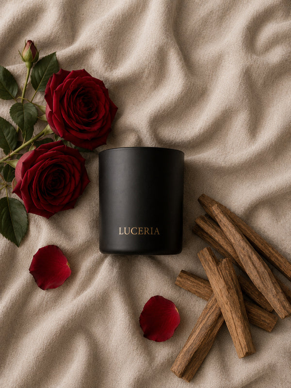 Veil Sandalwood + Rose Candle by Luceria in a matte black jar styled on beige linen with red roses, rose petals, and sandalwood.