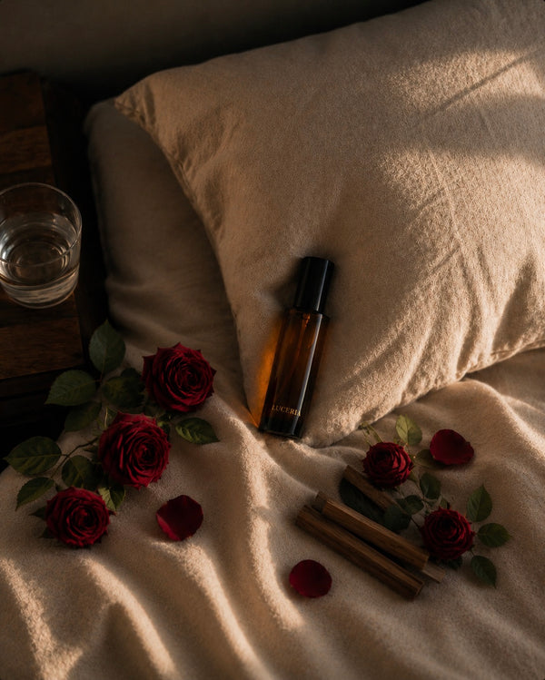 Veil Sandalwood + Rose Room + Linen Spray by Luceria in a 100 ml amber glass bottle resting on a beige bed beside red roses, sandalwood, and a glass of water in warm, moody lighting.