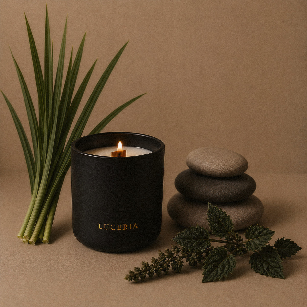 Luceria Terra Lemongrass + Patchouli candle in a matte black vessel styled with fresh lemongrass leaves, mineral salt, and stacked spa stones on a warm neutral linen backdrop.