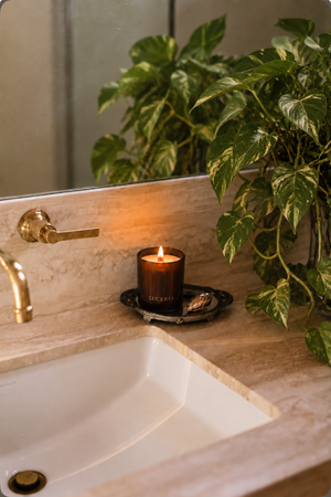 A lit amber glass candle on a small black tray beside a white sink, with a warm brass faucet and a large green houseplant in the background. Luceria candle co.