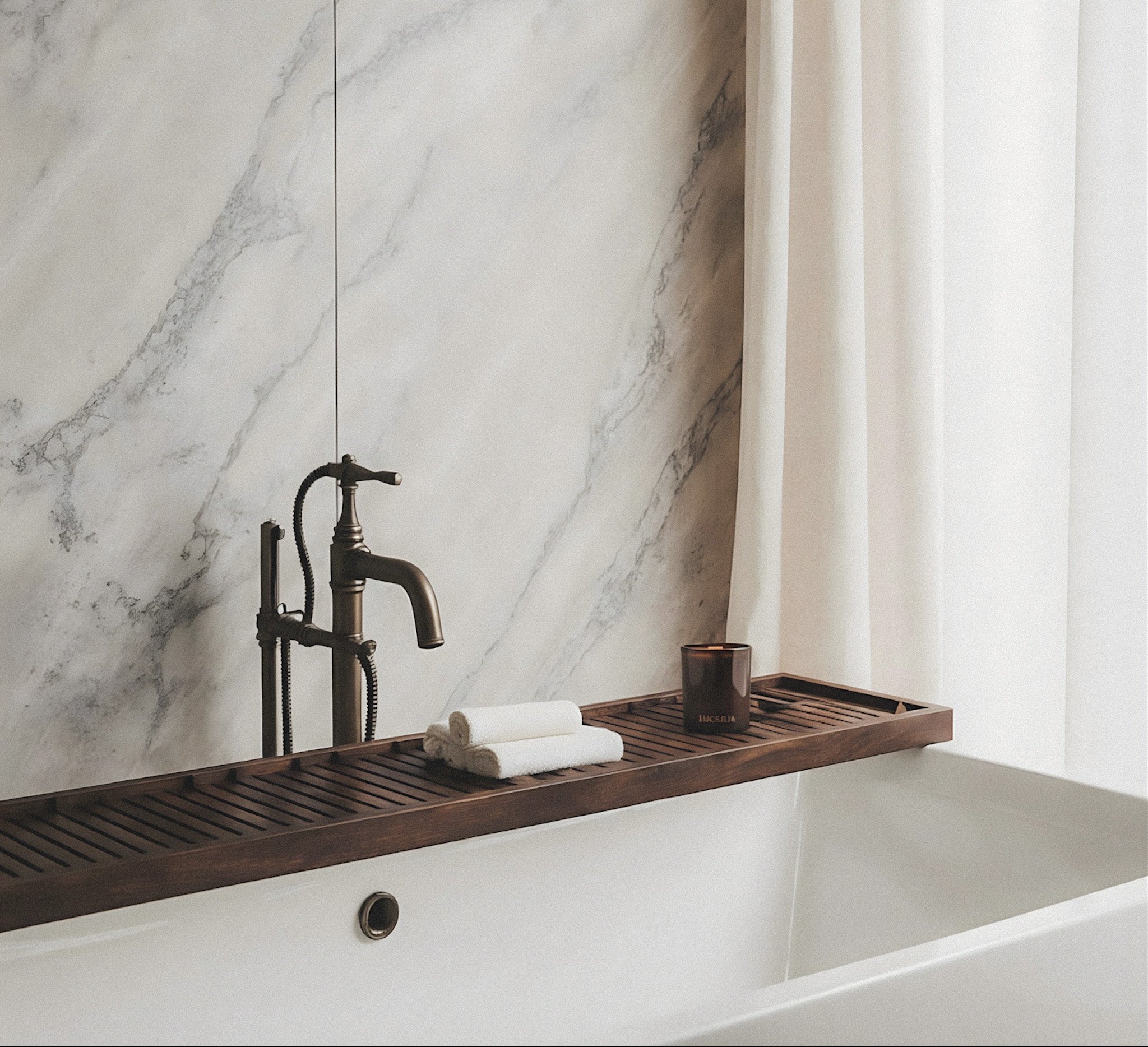 Bathroom with marble wall, wooden shelf, Luceria candle and bathtub.