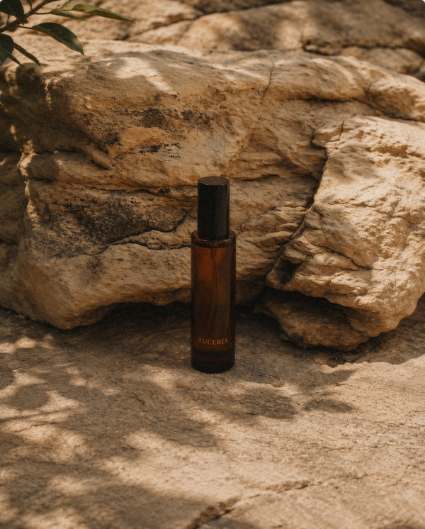 Brown bottle with a black cap on a rocky sea beach surface by Luceria candle co.