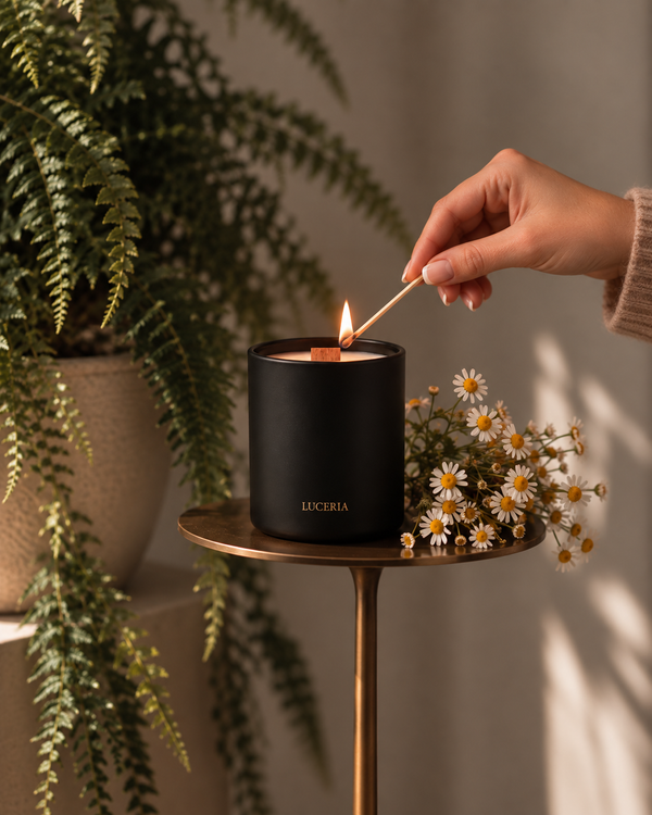 A black matte candle jar with gold 'LUCERIA' branding sits on a brass side table, lit with a wooden match held by a person's hand. The scene is styled with a potted fern and small white daisy flowers against a warm beige wall.