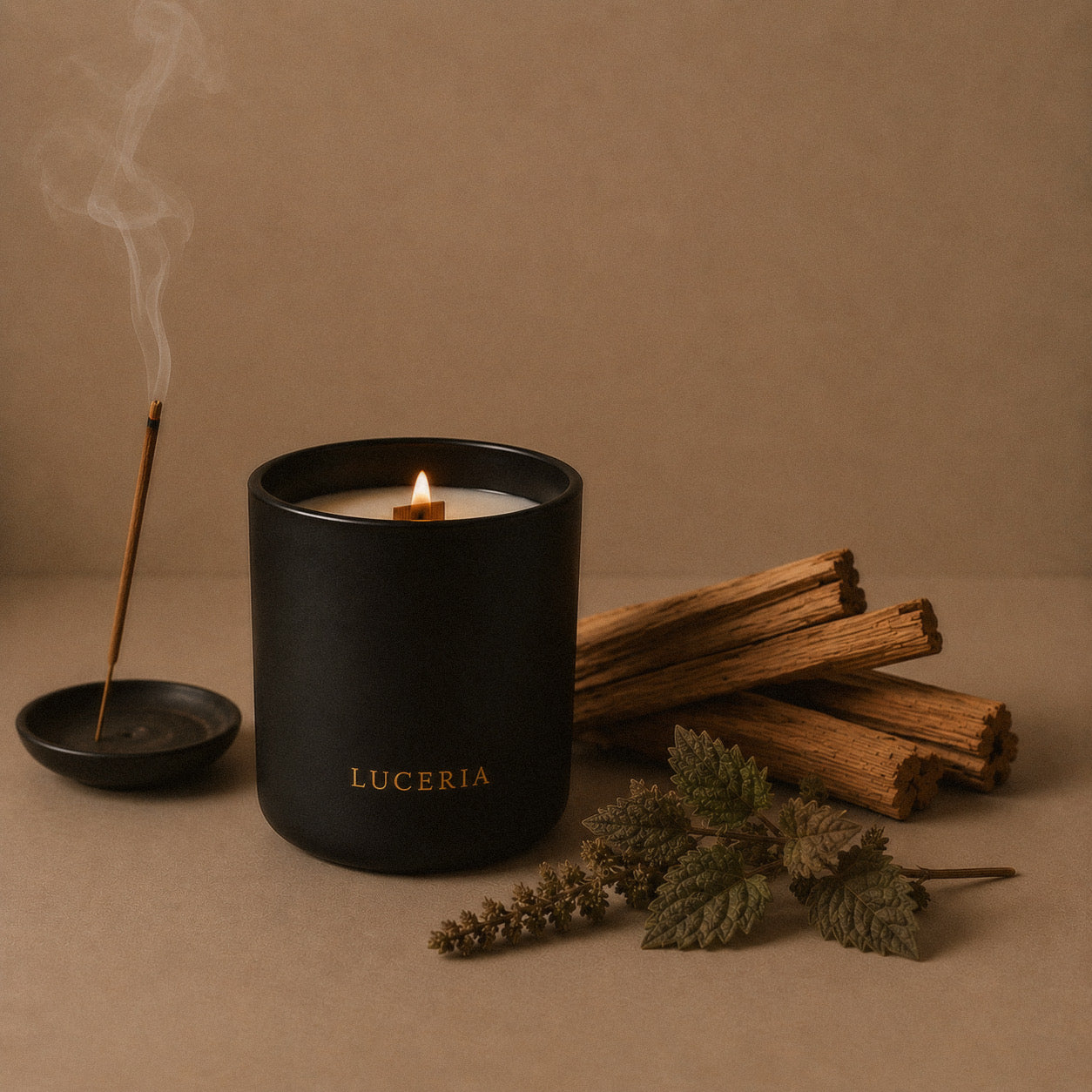 Luceria Ember Palo Santo + Sandalwood candle in a matte black vessel styled with smoking palo santo, sandalwood, and green leaves on a warm neutral linen backdrop.