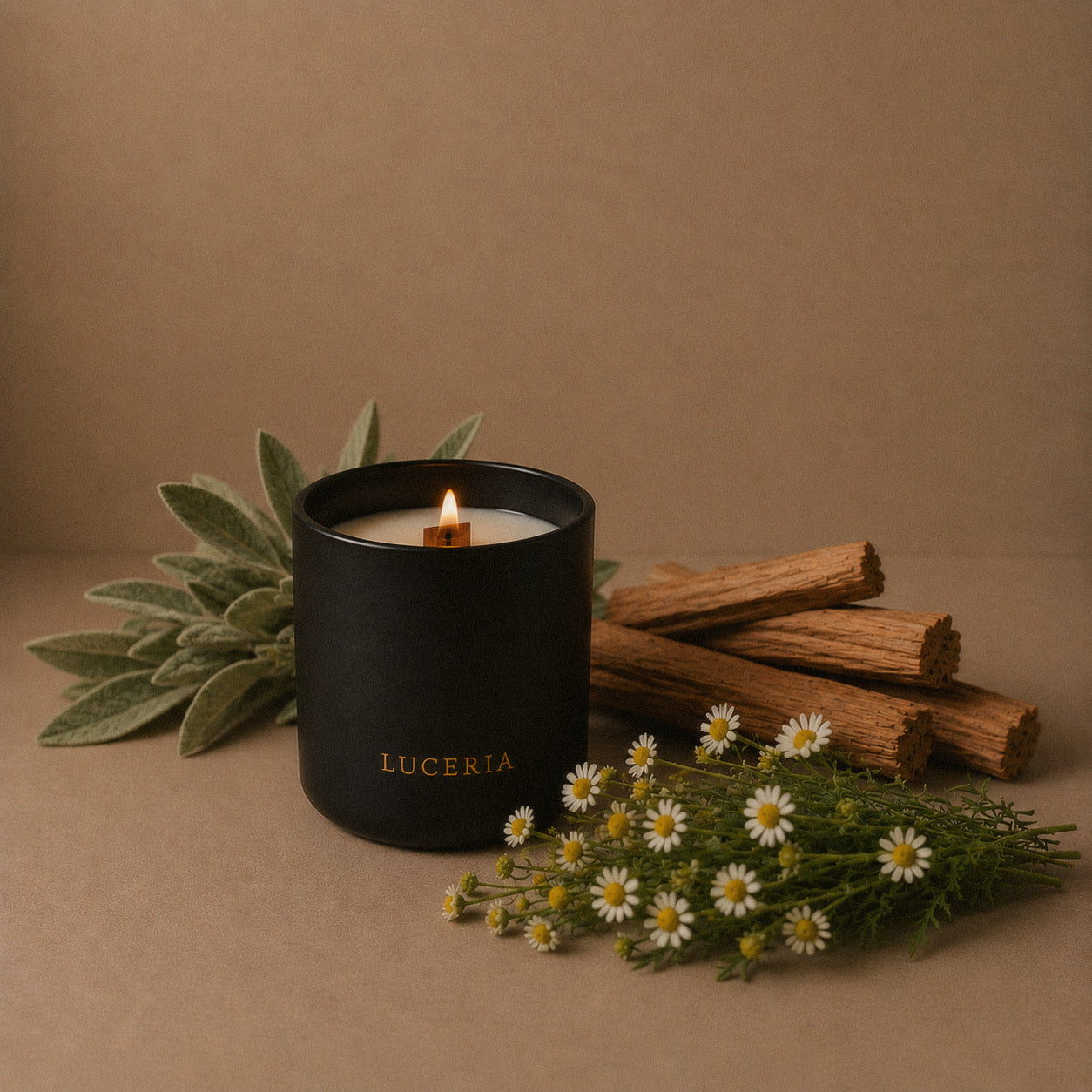 Luceria Seren Sage + Chamomile candle in a matte black vessel with sage, fresh chamomile, and palo santo on a neutral linen backdrop.