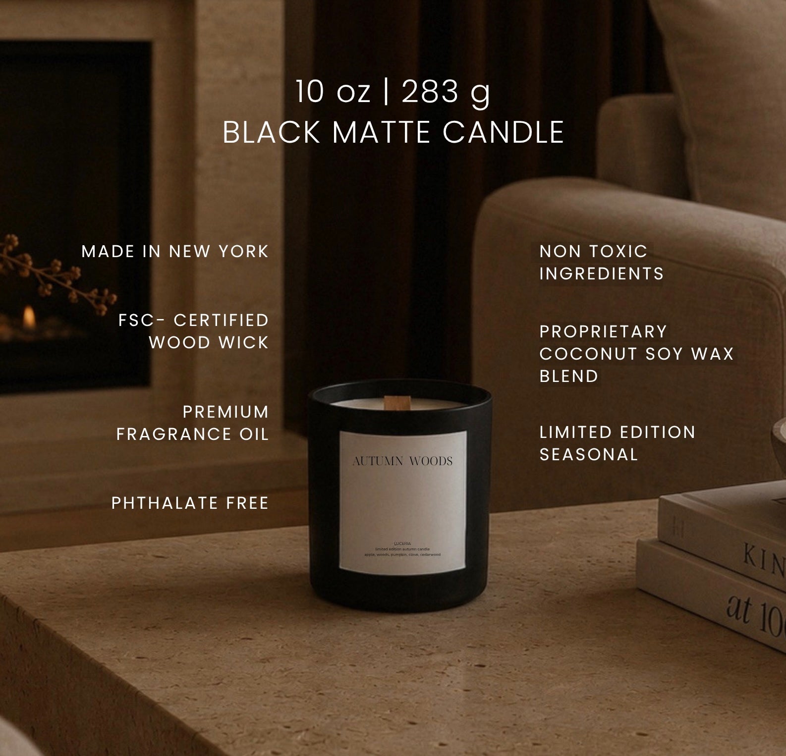 A black matte candle in a dark glass jar sits on a stone surface in a cozy living room setting, with overlaid text detailing product features and scent name Autumn Woods by Luceria Candle Co.