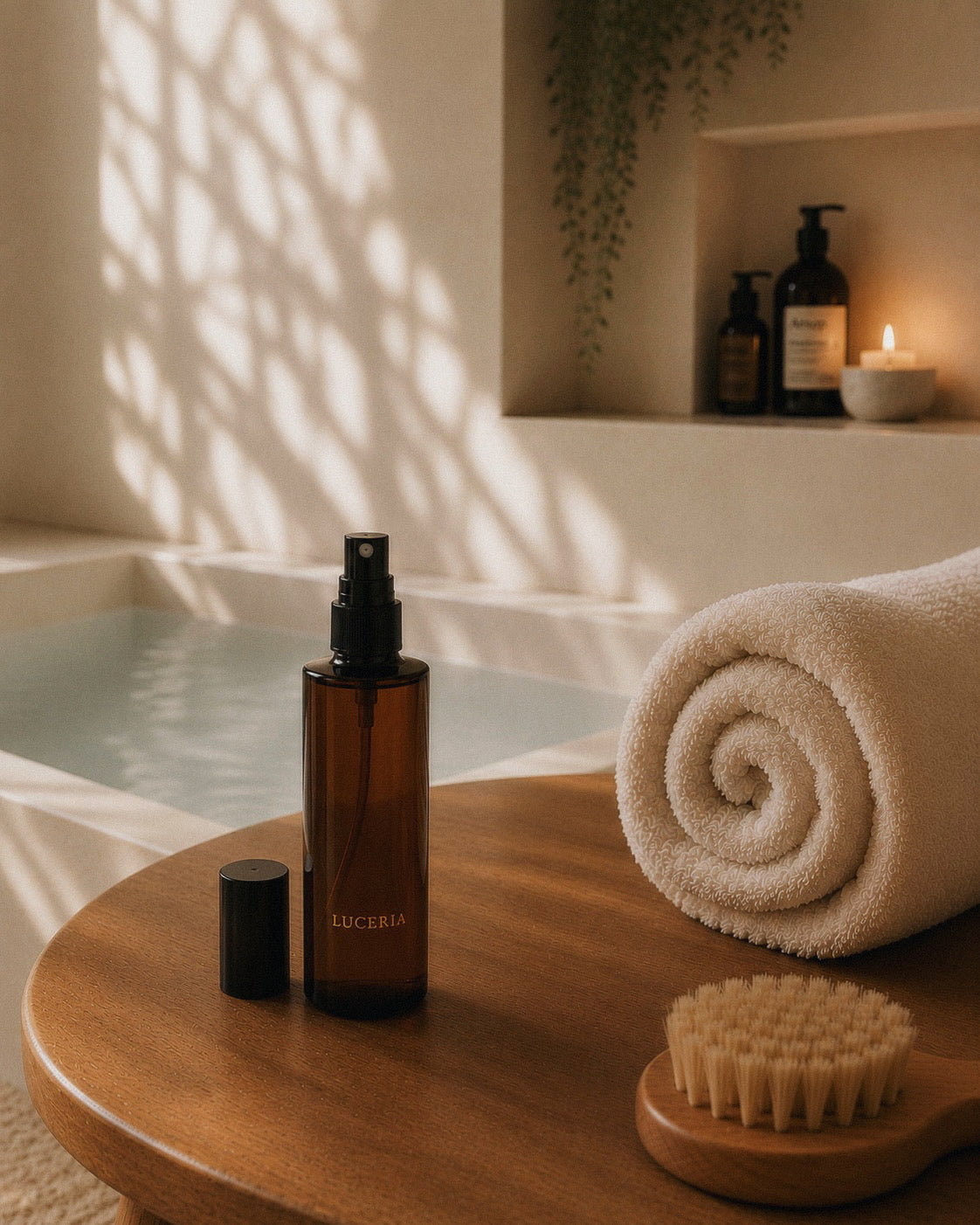 An amber glass spray bottle with a black pump and cap labeled Terra by Luceria sits on a round wooden table beside a rolled cream towel and a wooden brush, with a spa-like bath setting in the background.