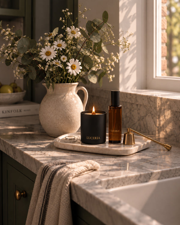 A styled countertop scene by a window with a black candle labeled LUCERIA, an amber bottle, and a brass diffuser on a marble tray, beside a ceramic pitcher of white flowers in a real interior setting.