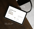 A tablet on a dark wooden table displaying the 'Candle Batch Calculator' website by Studio Noven Co., with text overlays indicating compatibility with phone, laptop, and tablet.