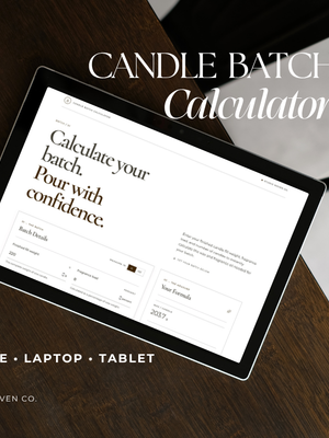 A tablet, laptop, and phone are arranged on a dark wooden table with overlaid text reading 'CANDLE BATCH Calculator' by Studio Noven Co. The screen shows a minimalist website calculator interface.