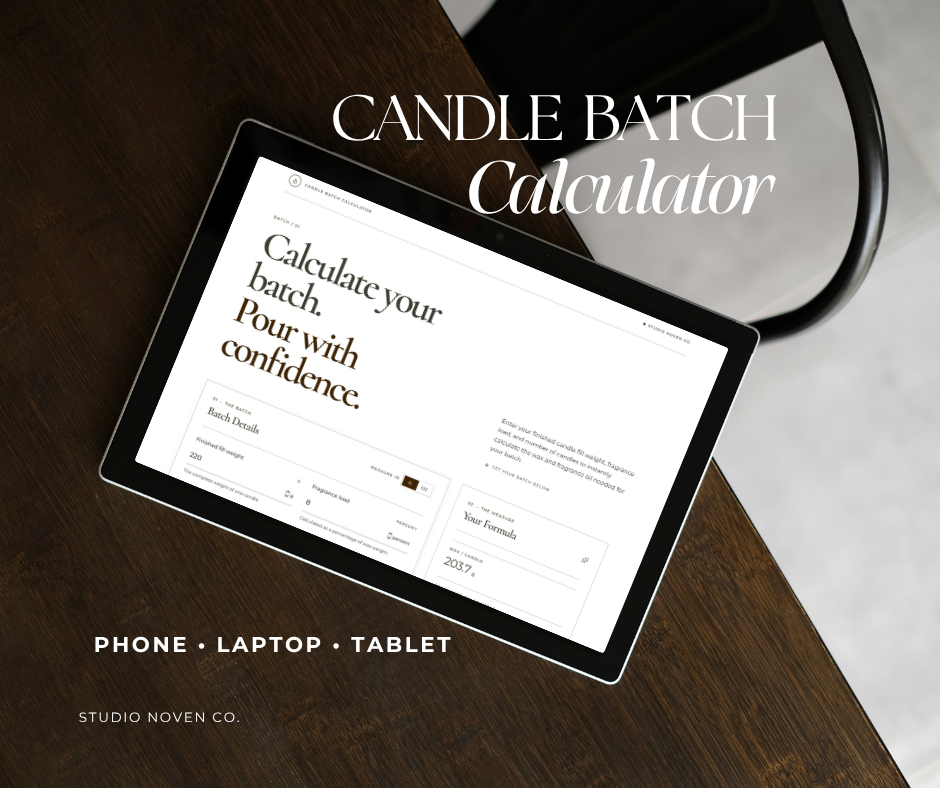 A tablet, laptop, and phone are arranged on a dark wooden table with overlaid text reading 'CANDLE BATCH Calculator' by Studio Noven Co. The screen shows a minimalist website calculator interface.