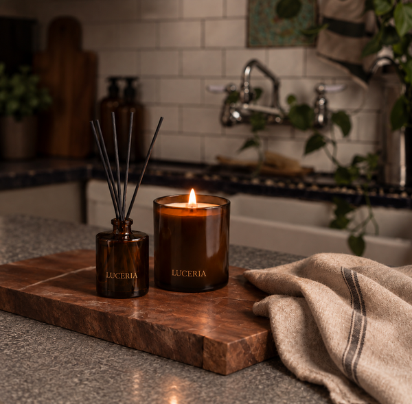 A lit amber glass candle and matching reed diffuser bottle labeled LUCERIA sit on a wooden board on a kitchen counter, with a towel nearby and a softly blurred kitchen background.
