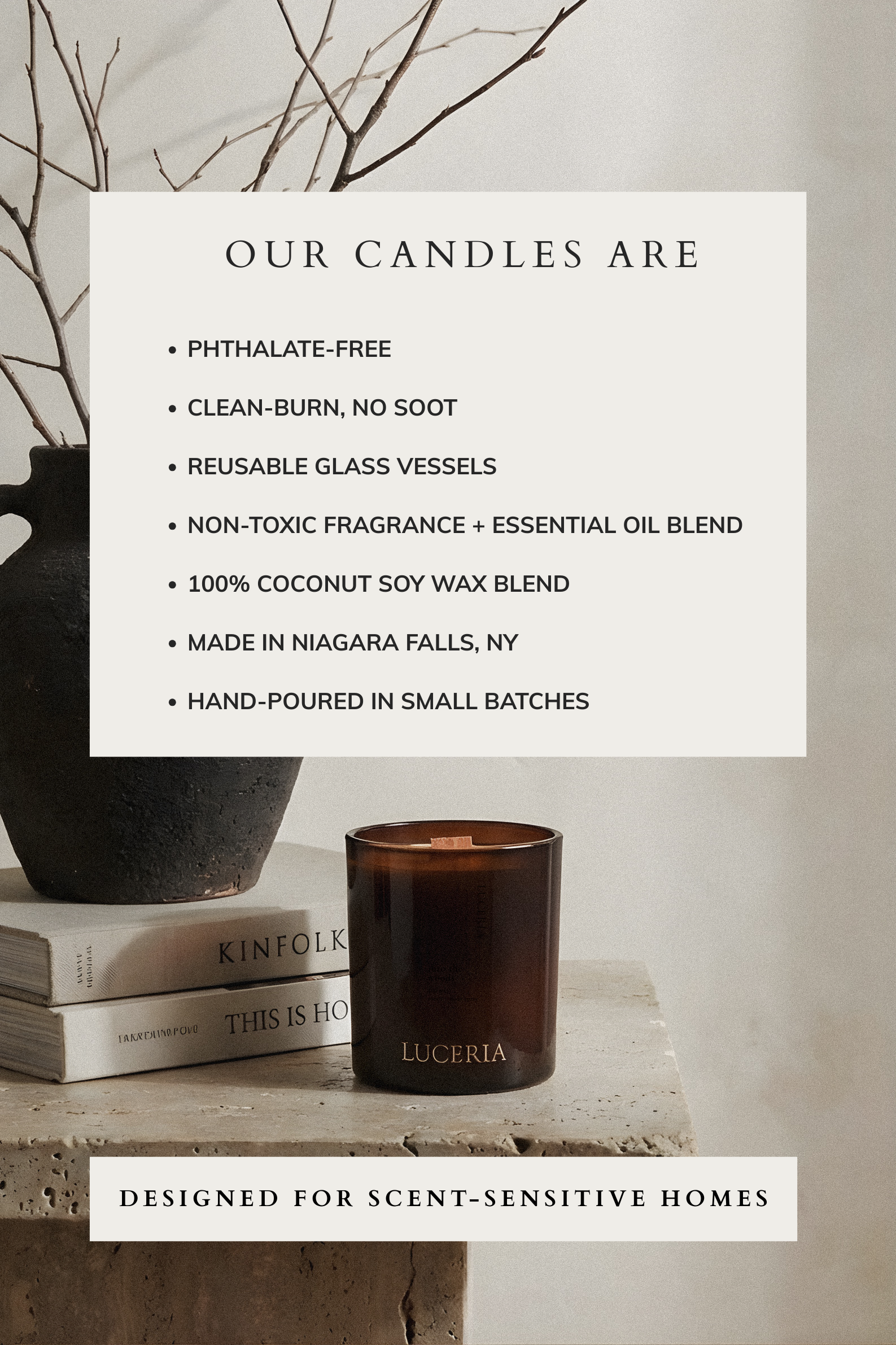 Luceria candle with product features listed on a white card against a neutral background
