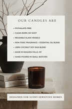 Luceria candle with product features listed on a white card against a neutral background