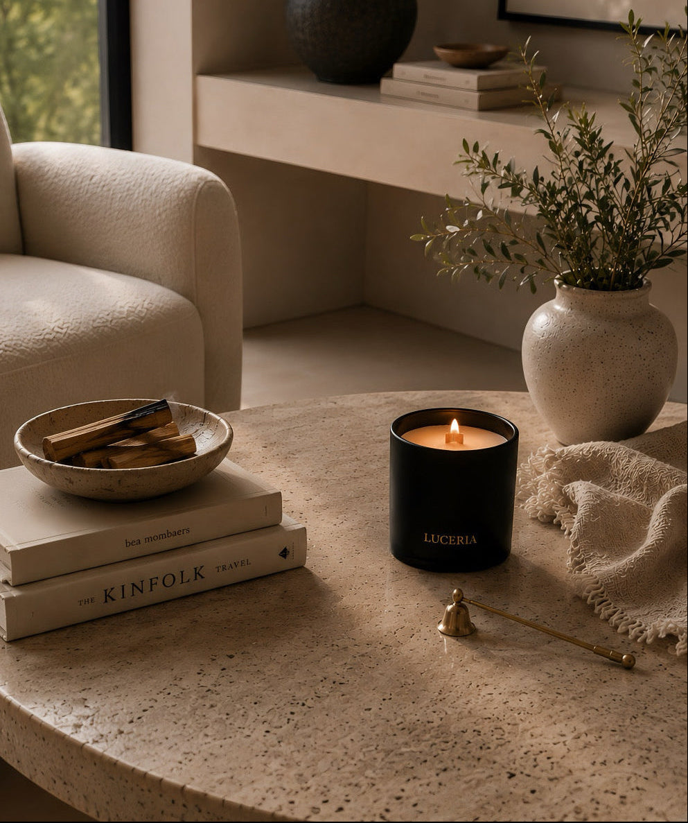 A black matte candle jar with the brand name 'LUCERIA' printed in gold, lit and placed on a round stone coffee table in a warm, modern living room setting.