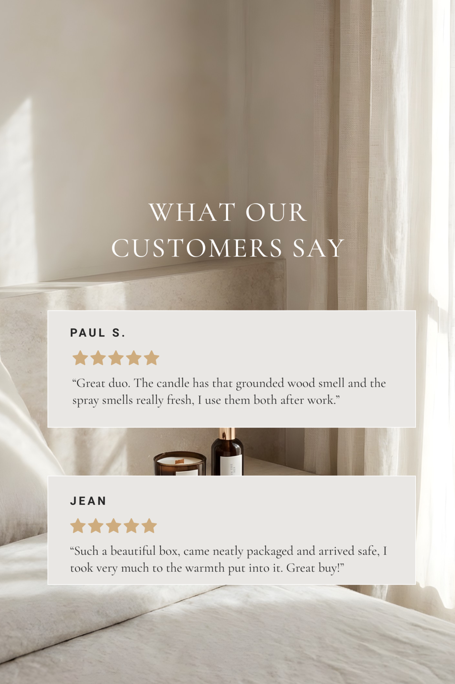 Product review cards with customer testimonials on a neutral background