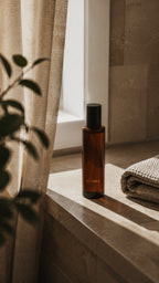 An amber glass bottle with a black cap, labeled 'LUCERA', sits on a stone ledge in warm sunlight next to a folded towel, with a curtain and plant leaves in the foreground. Terra Lemongrass and Patchouli Scented Room and Linen Spray by Luceria Candle Co.