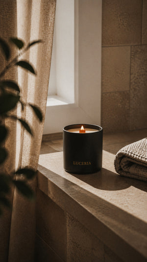 A black cylindrical candle jar with a lit flame sits on a stone windowsill in warm natural light, with beige curtains, a folded towel, and plant leaves in the foreground. The candle label shows the brand LUCERIA. Terra Lemongrass and Patchouli Scented Candle with wood wick by Luceria Candle Co.