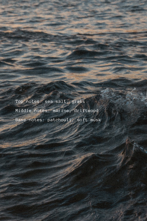 Waves on a body of water with aquatic marine scent text overlay