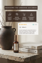 Product display with a bottle and books on a surface, featuring Luceria branding and customer review.