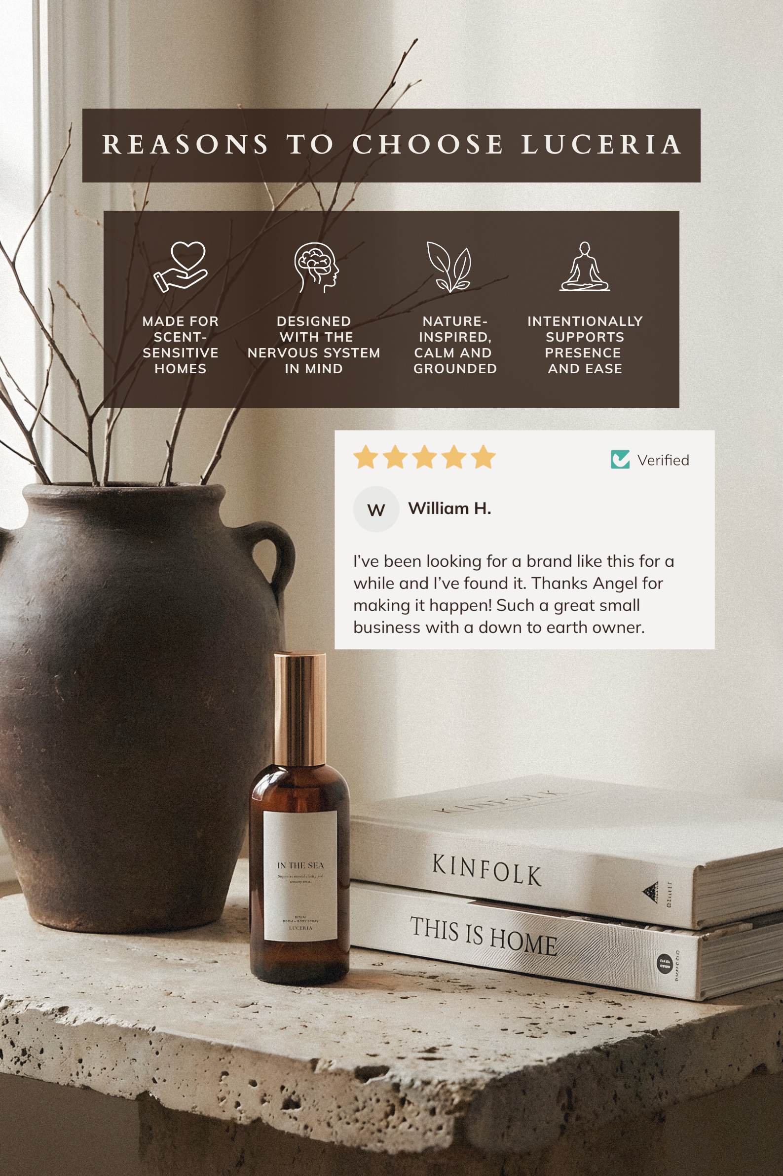 Product display with a bottle and books on a surface, featuring Luceria branding and customer review.