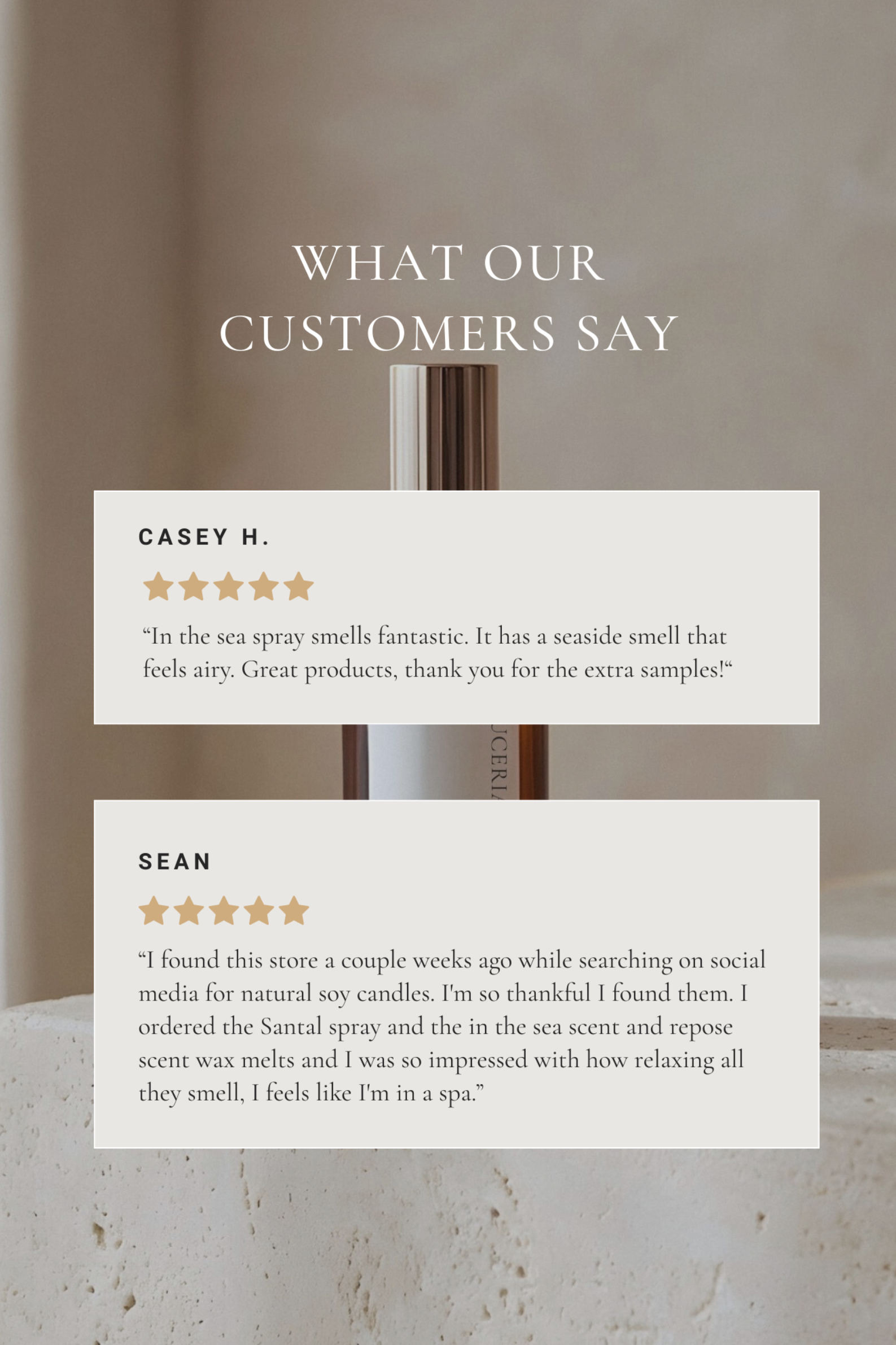 Customer reviews on In the Sea spray product displayed on a wall with a neutral background