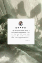 Product review card with a five-star rating and customer comment on a textured background