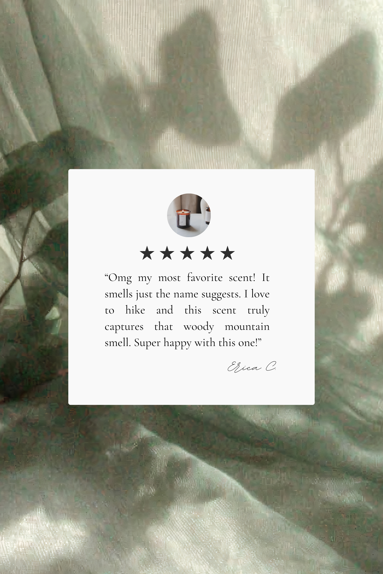Product review card with a five-star rating and customer comment on a textured background