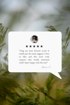 Product review with five-star rating and text on a blurred natural background
