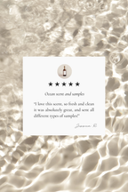 Product review card for In the Sea spray with five-star rating and text on a textured beige background