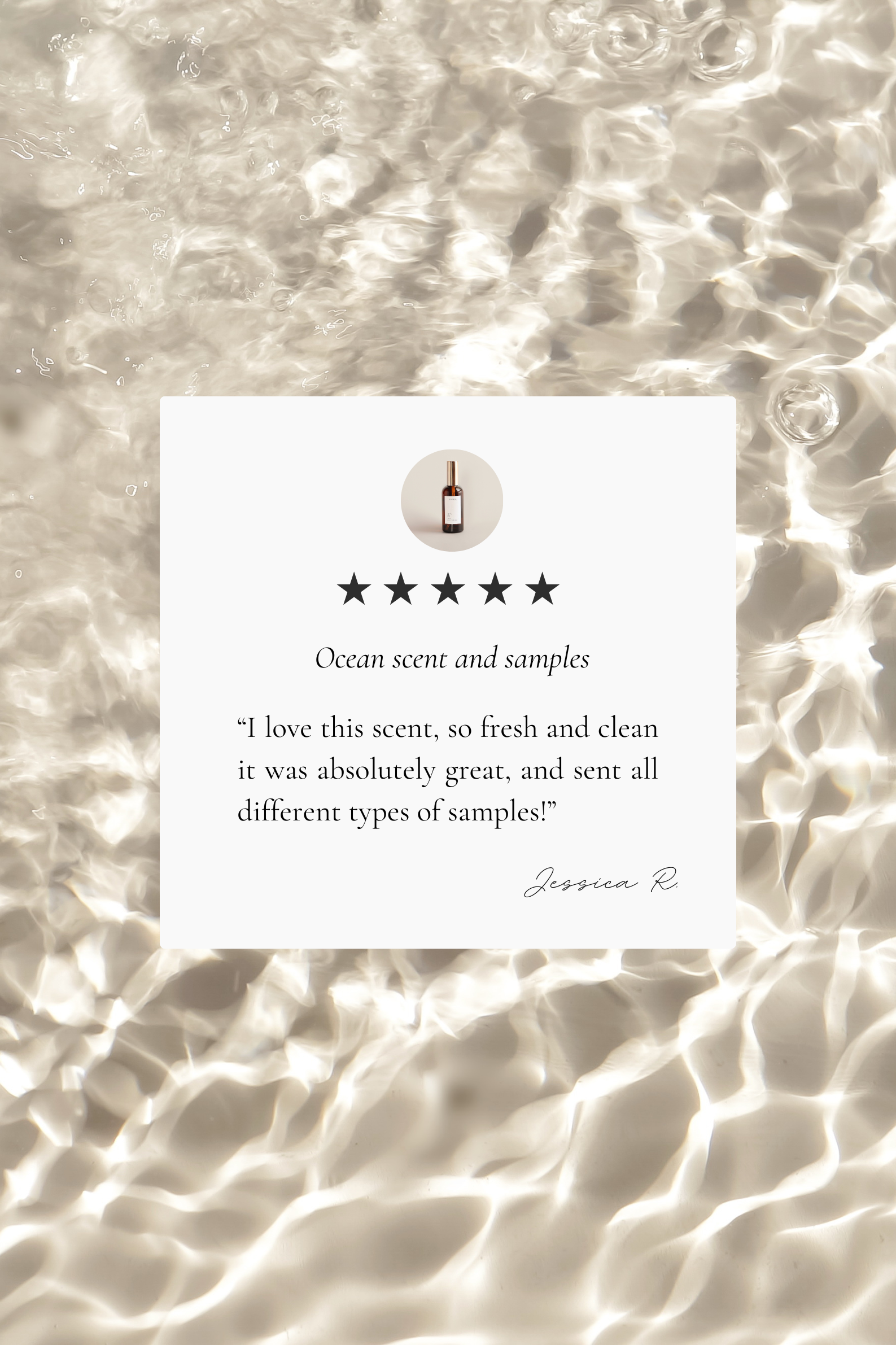 Product review card for In the Sea spray with five-star rating and text on a textured beige background