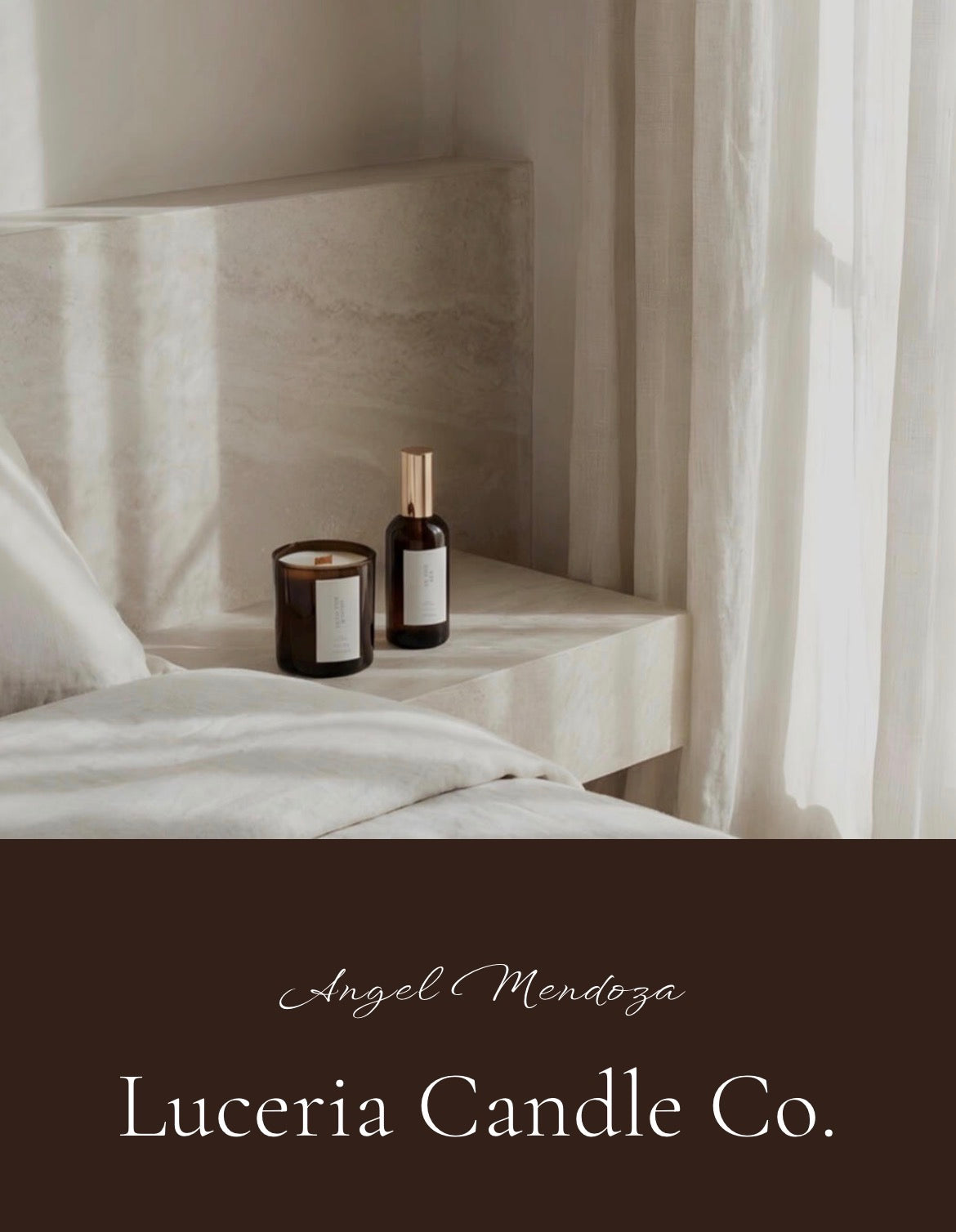 Candle and bottle on a textured surface with 'Luceria Candle Co.' branding.