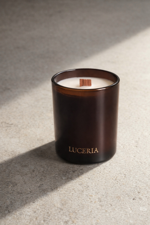Monthly candle subscription with 'LUCERIA' branding on a textured surface