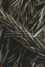 Close-up of pine needles with rosemary sage fragrance notes text overlay
