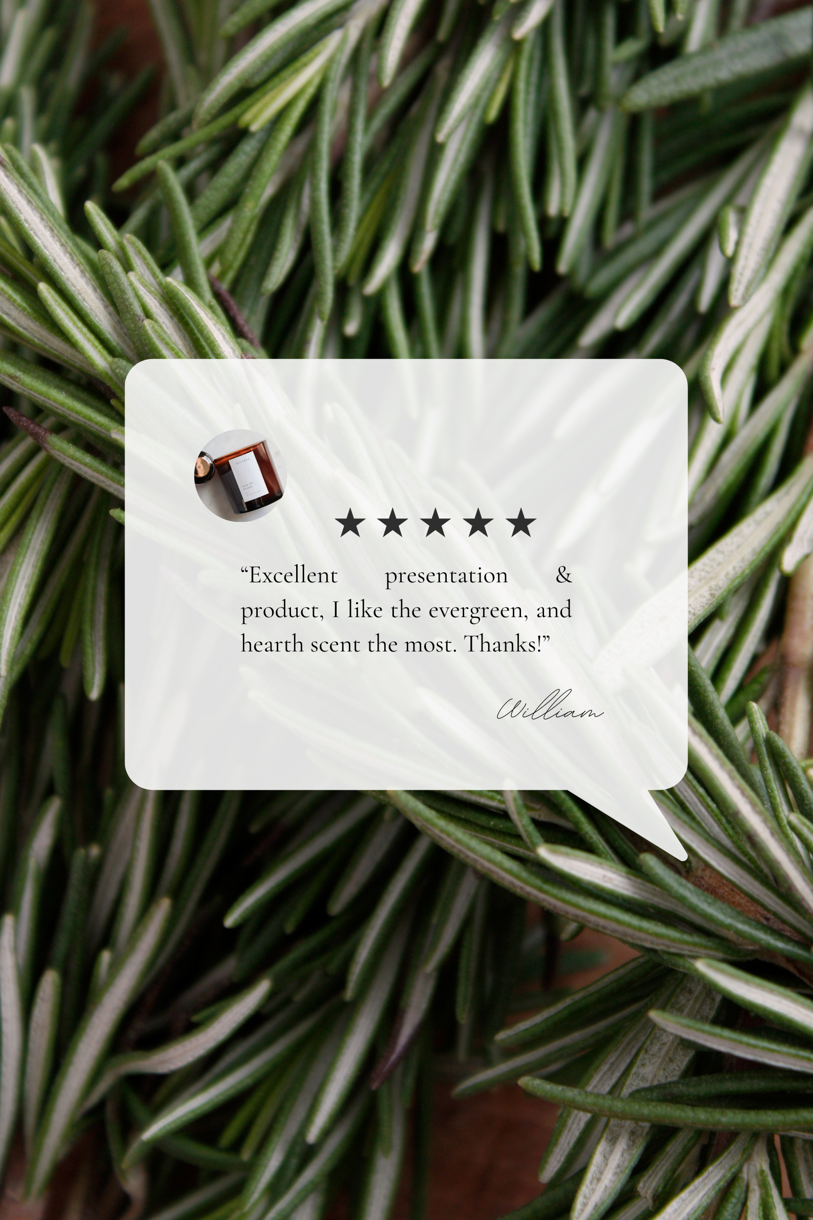 Five-star review for Near the Hearth Candle card on a background of rosemary