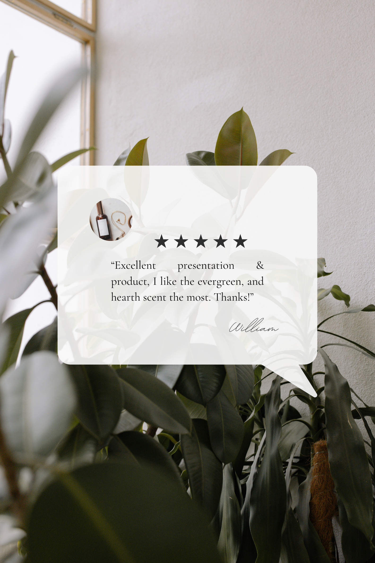 Five-star review card of Near the Hearth spray image and text, placed among green plants.