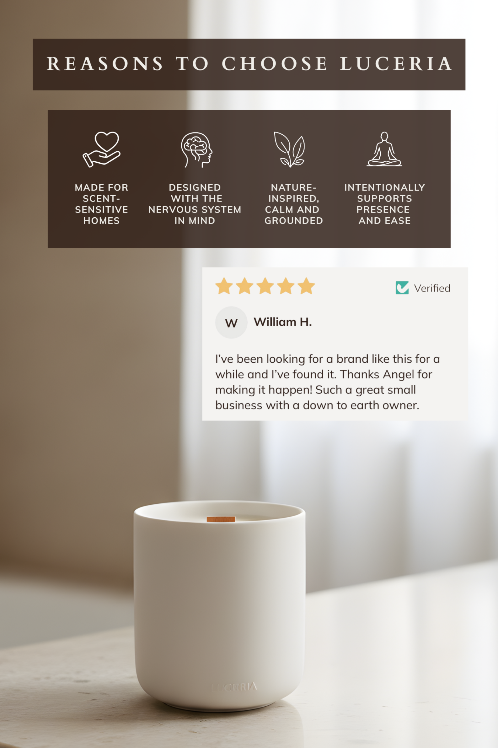 White candle on a wooden surface with Luceréa branding and product features.