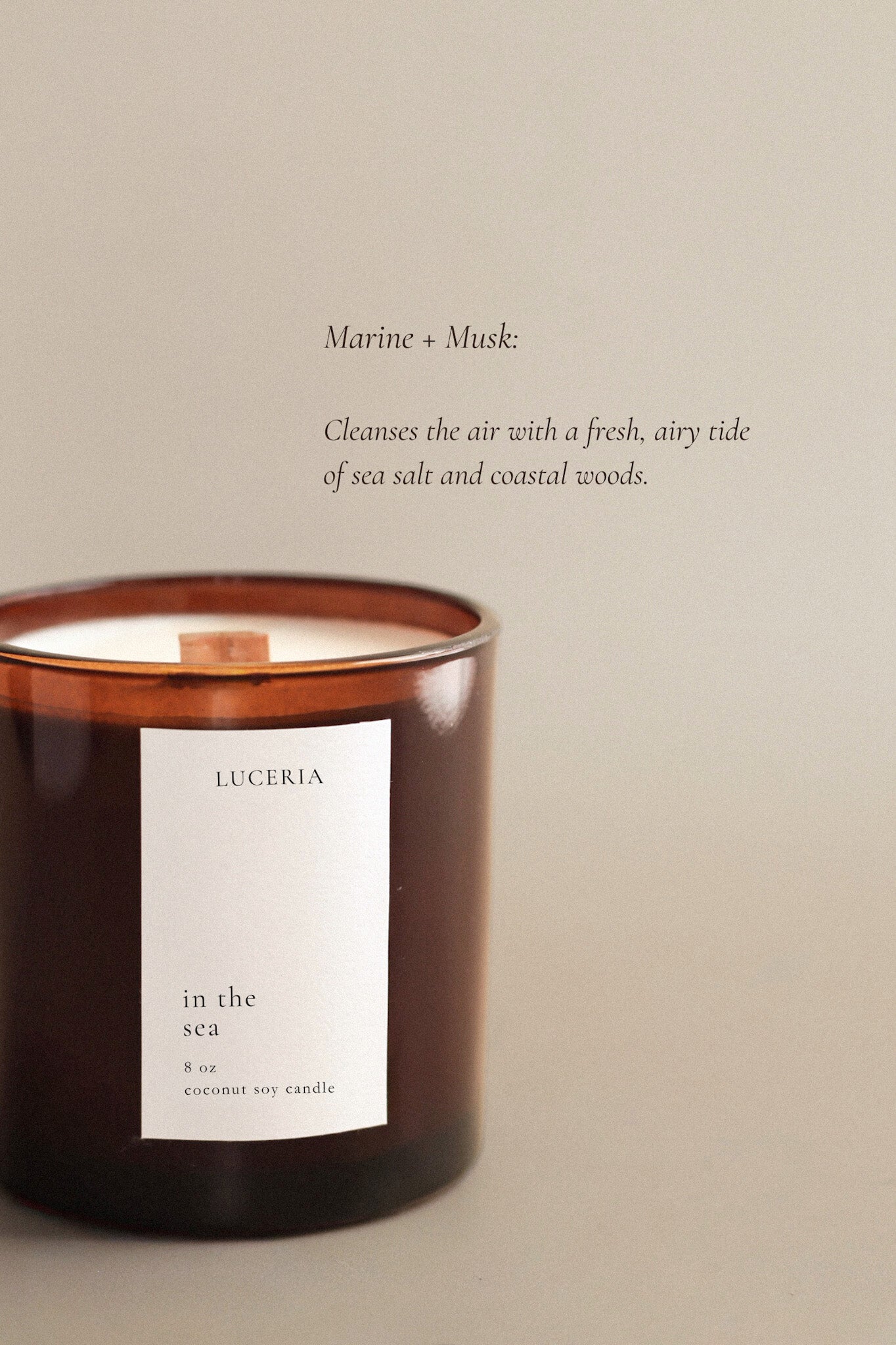 Luceria candle with label on a beige background