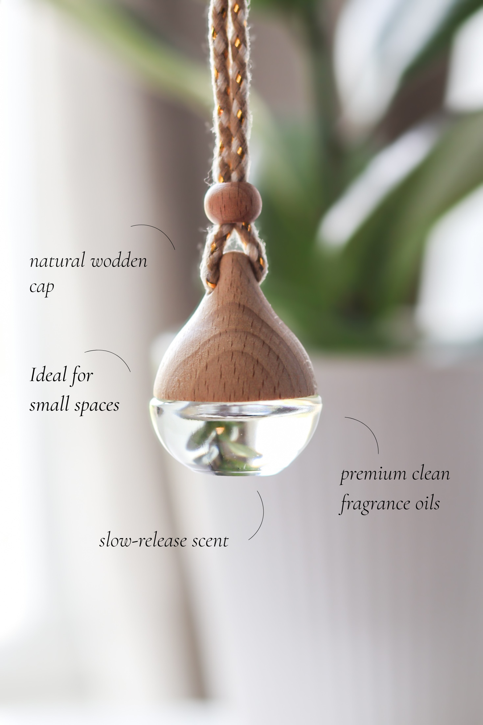 Hanging wooden diffuser with clear liquid, ideal for small spaces and featuring a natural wooden cap.