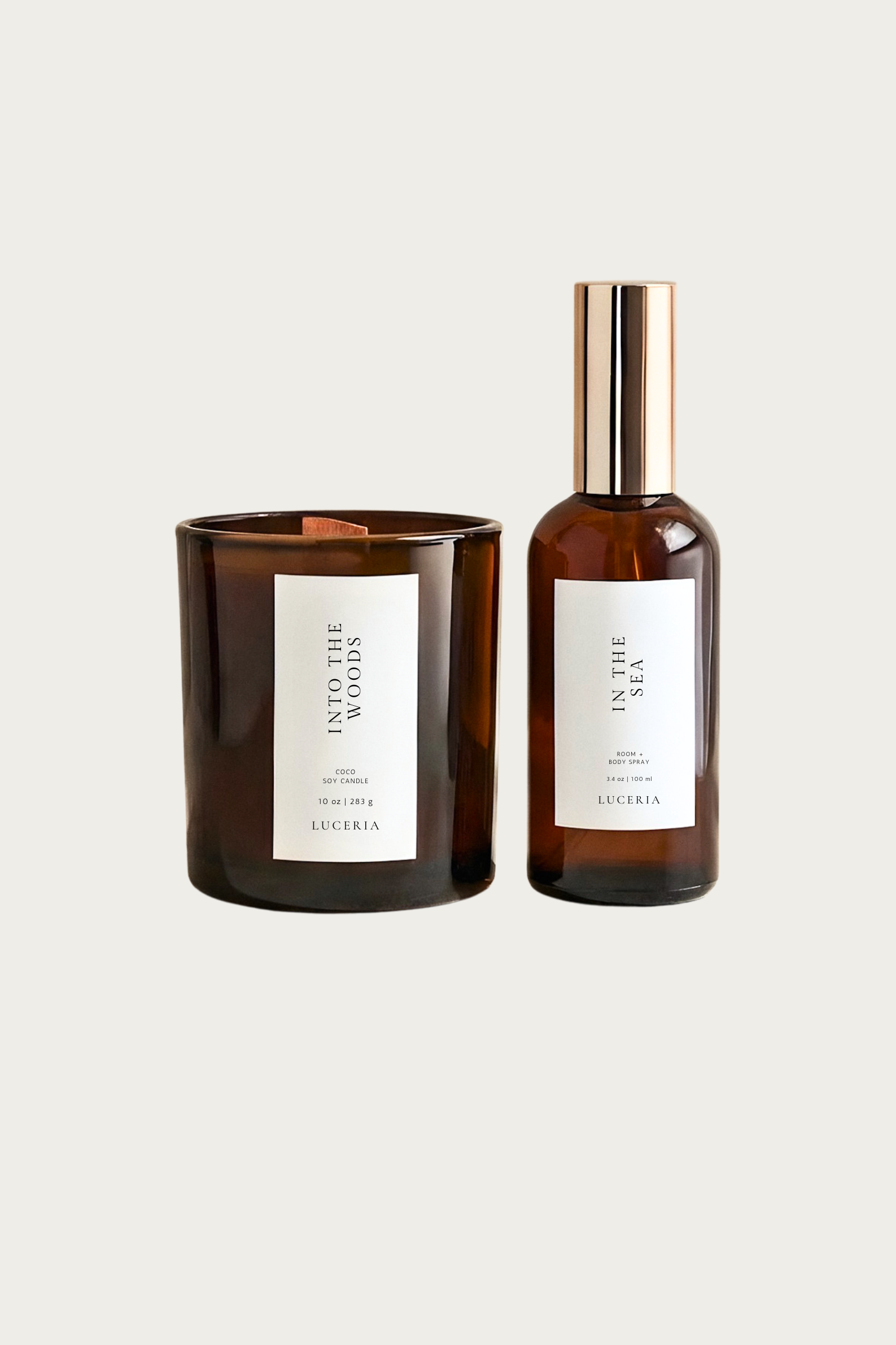 Two brown glass products with labels on a light gray background