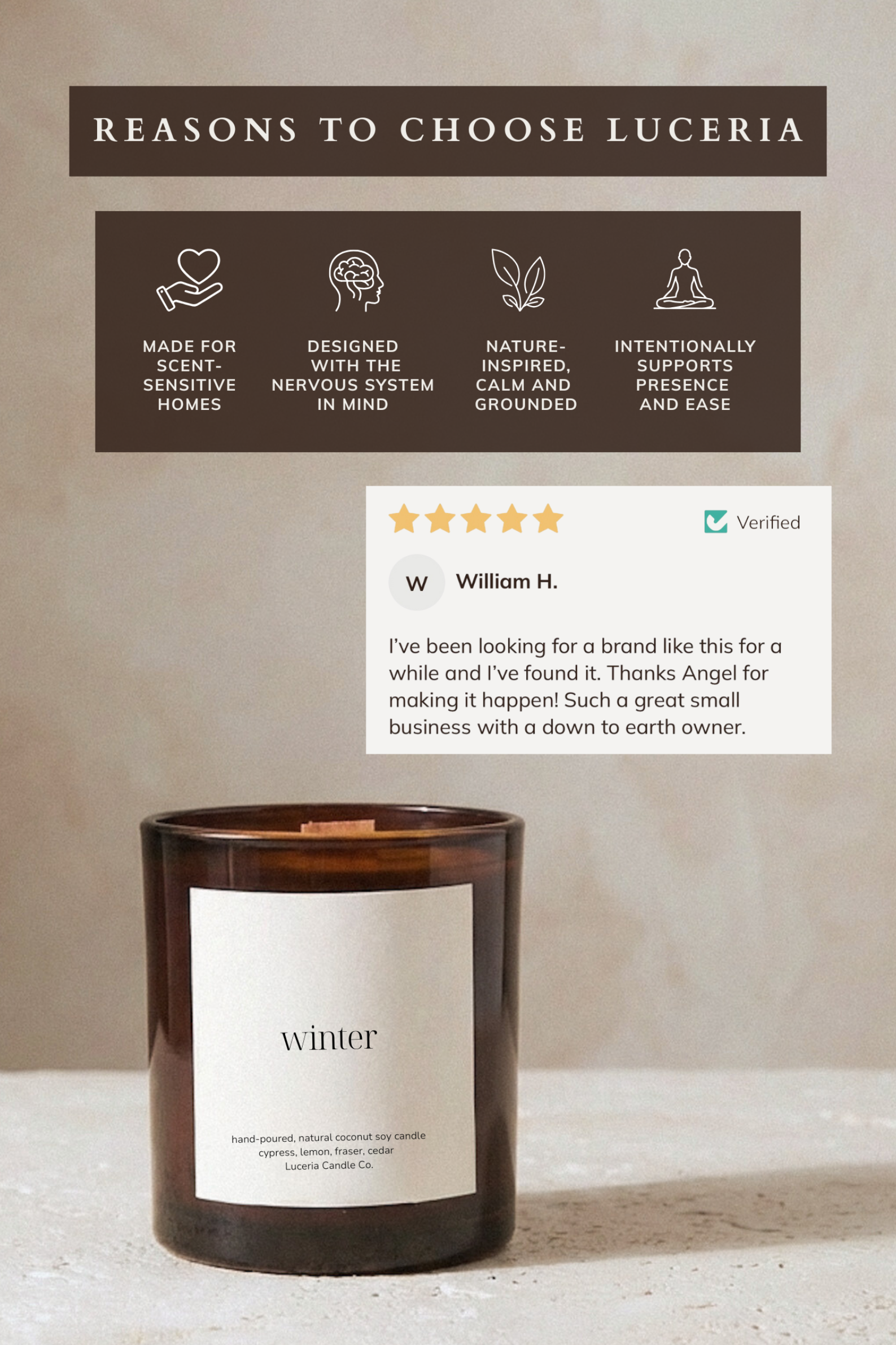 Winter candle on stone surface with Luceria store reviews 
