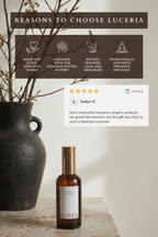 Luceria product with a vase and branches on a neutral background, featuring customer review text.